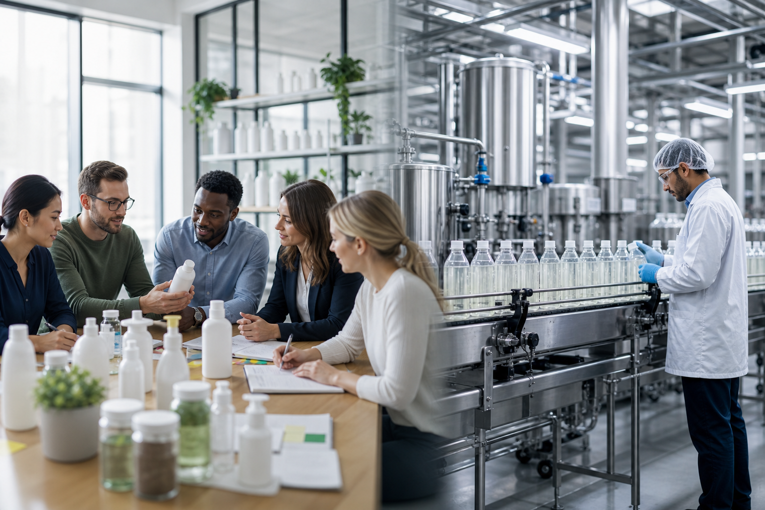 Consumer-brand professionals connected to a modern product manufacturing line
