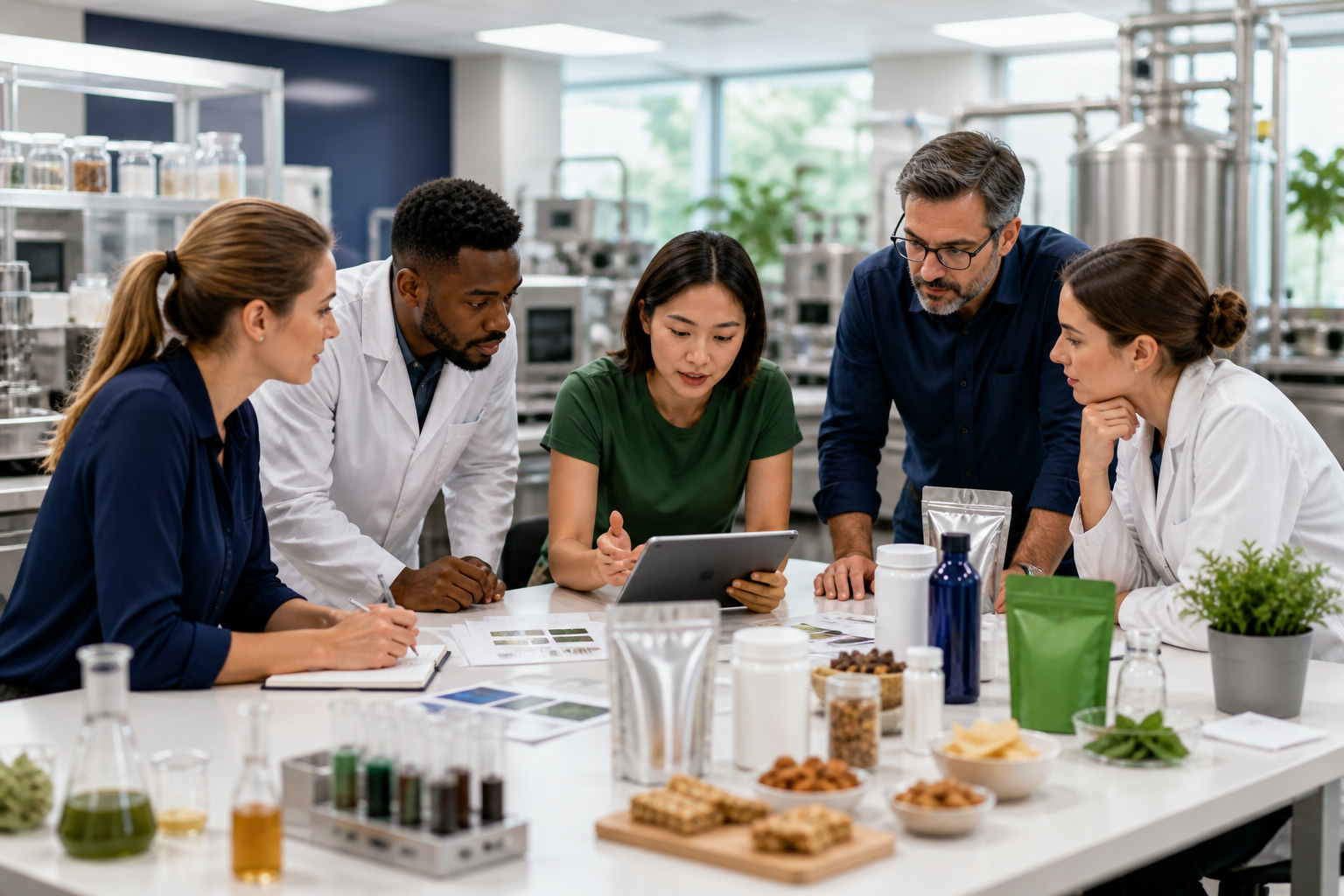 Consumer-product founders and technical experts reviewing product concepts in an innovation lab